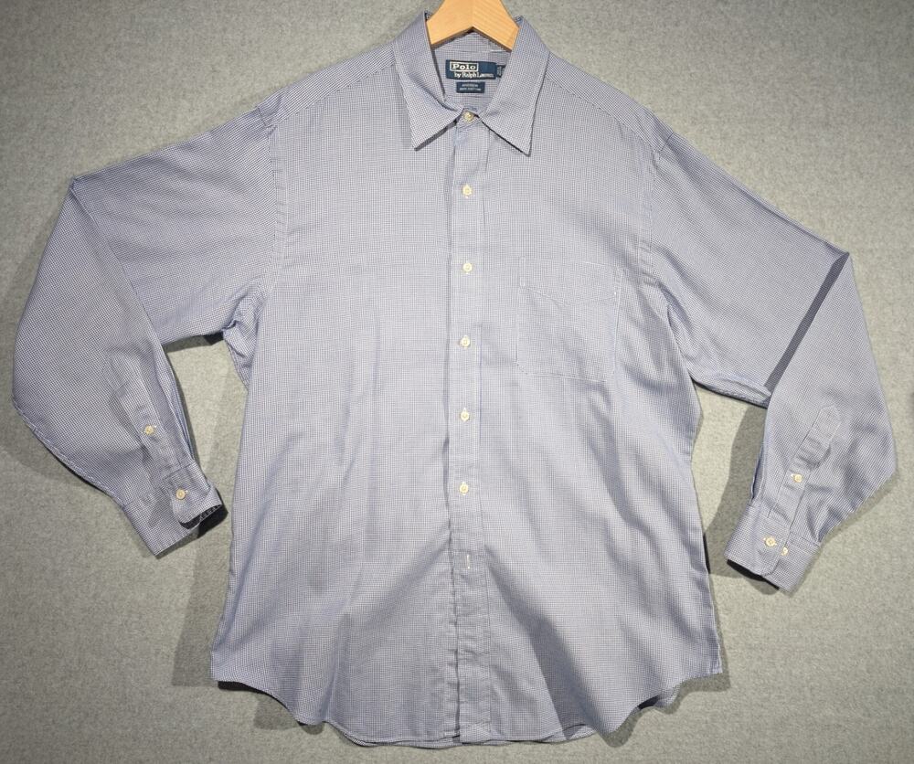 Polo Ralph Lauren Shirt Men L 16.5 34/35 Long Sleeve Andrew Blue Houndstooth